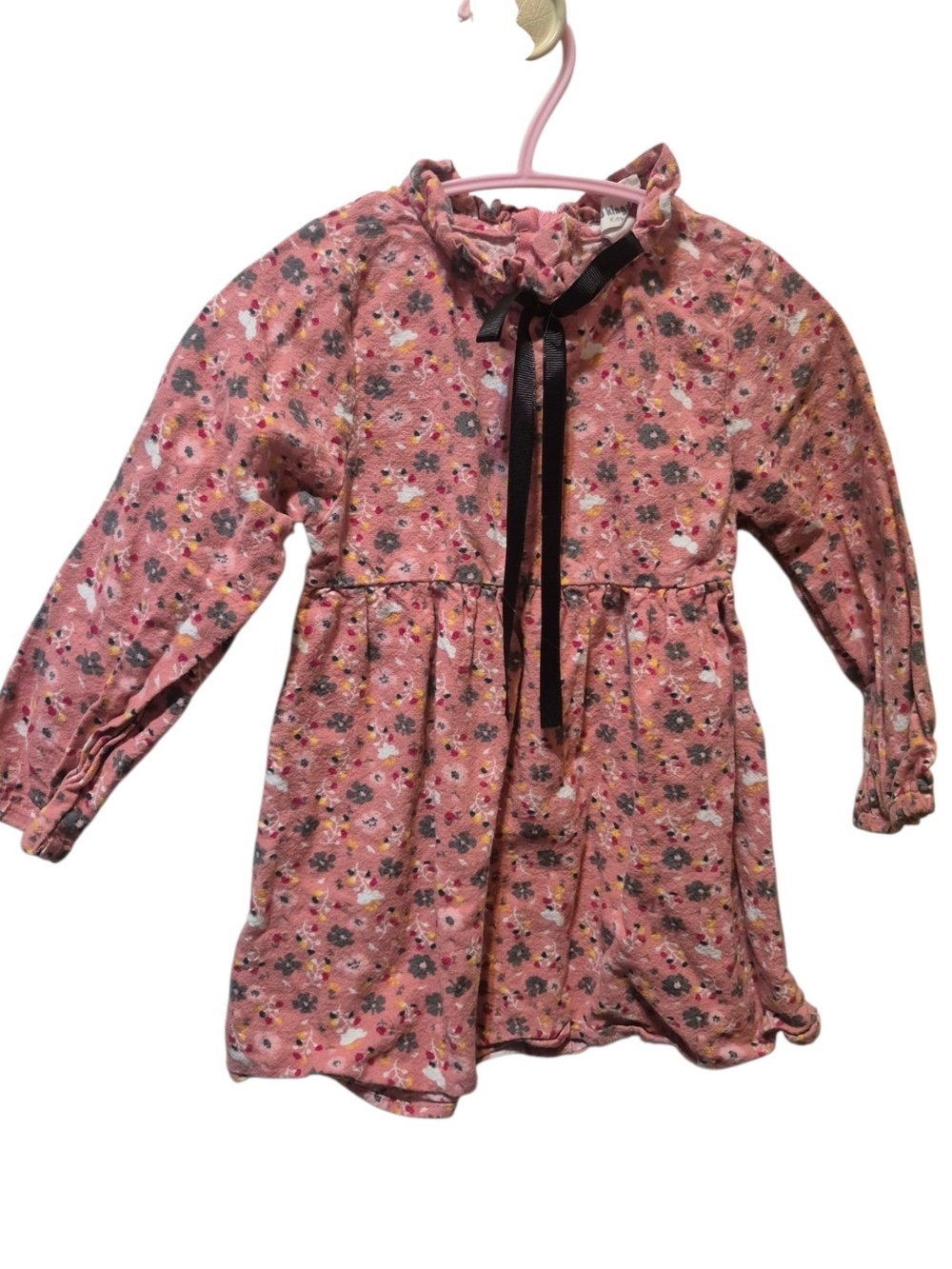 Girls' Pink Floral Long-Sleeve Dress with Ruffle Collar